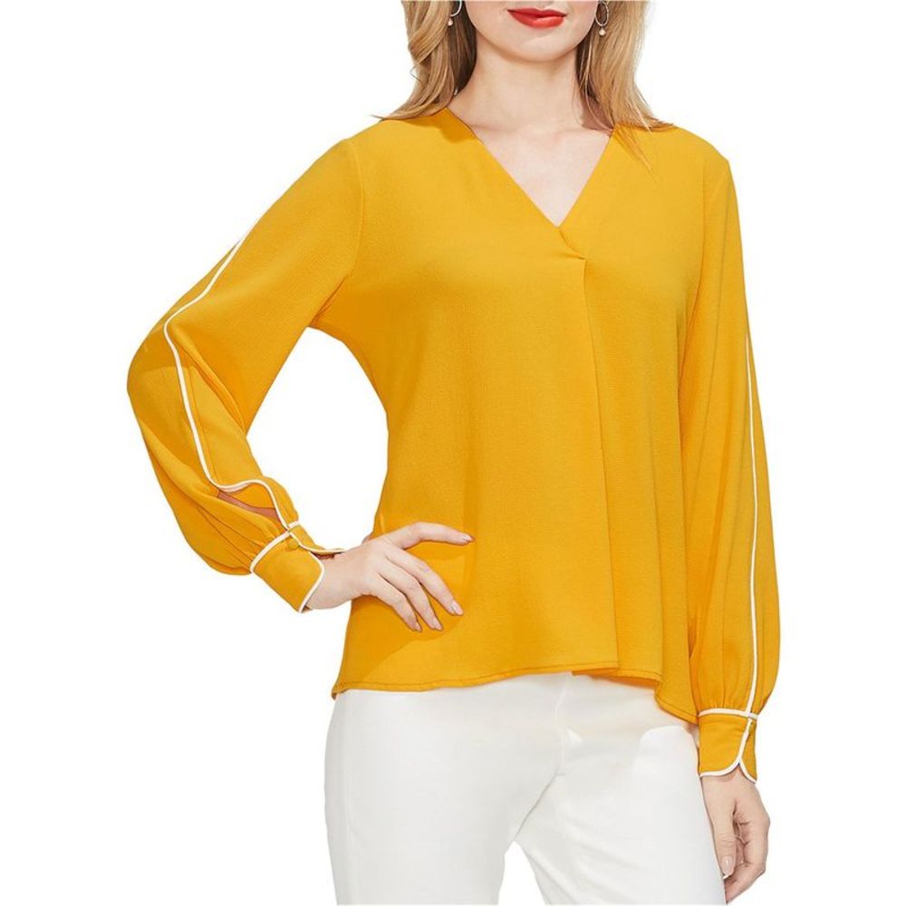 Vince Camuto Women's XL Marigold Yellow Piped Crepe Long Sleeve Pullover Blouse